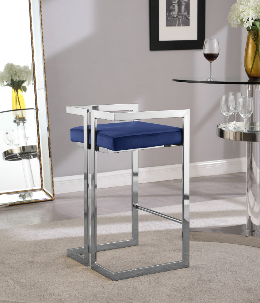 Ezra Counter Stool, Set of 2, Navy Velvet, Chrome Base