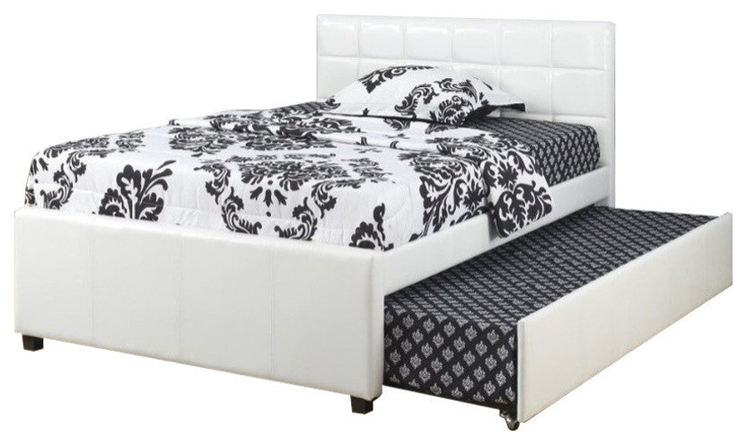 Benzara BM171669 Twin Bed With Trundle Squ Tufted Head Boards, White