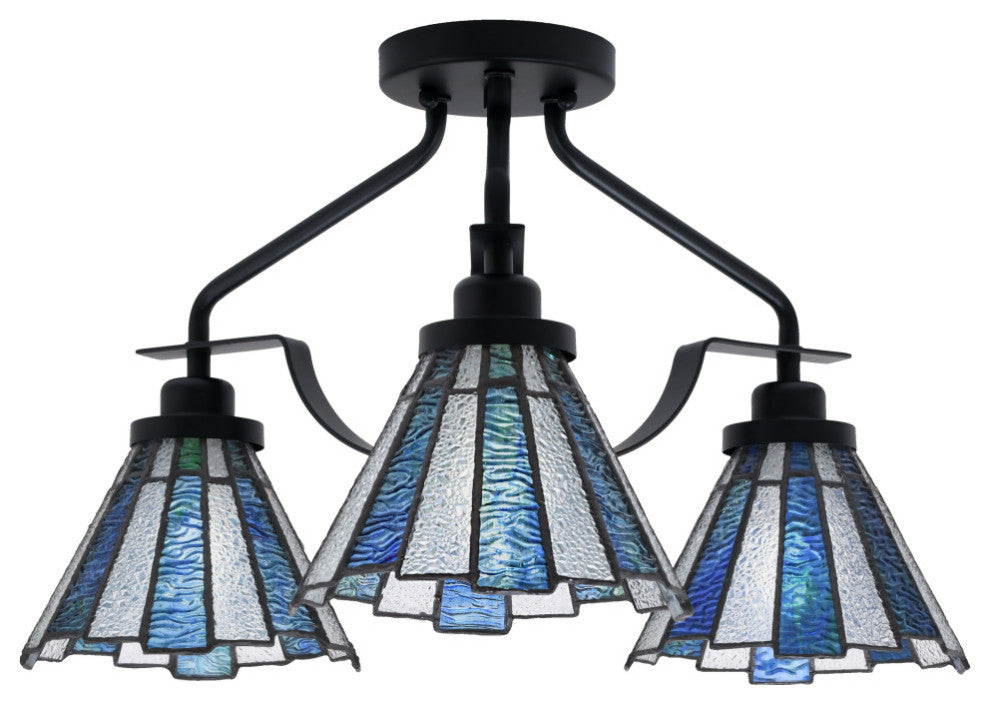 Odyssey 3 Light Semi Flush Mount In Matte Black Finish With 7" Sea Ice Art Glass
