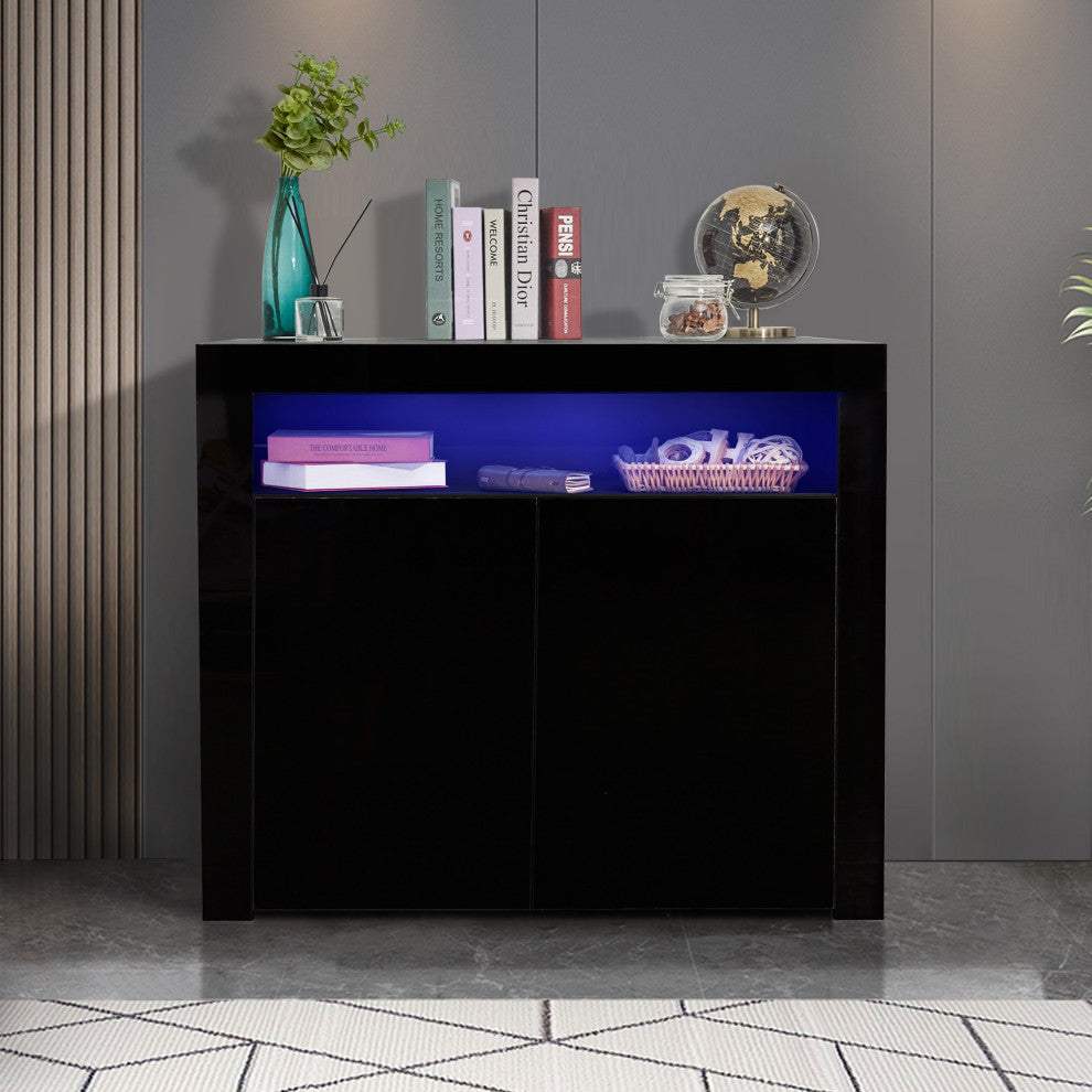 Wood Double Door Accent Cabinet with LED Light, Black, 42'' X 16''