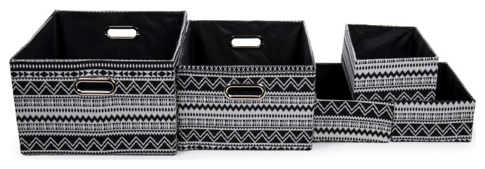 Zig Zag Fabric Storage Baskets, Set of 5, 15.5"x8.5", Black, White