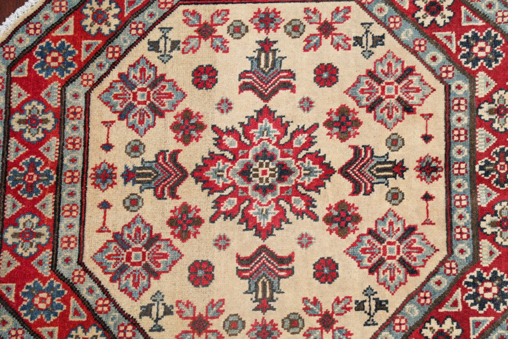 Kazak Oriental Pakistani Traditional Hand Made Area Rug, Beige, 3'3"x3'4