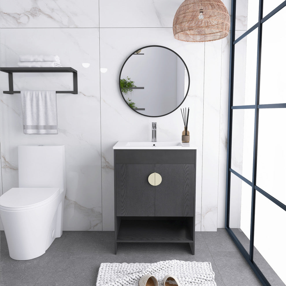 Plywood Freestanding Bath Vanity Set, Integrated Ceramic Sink, Black, 24" X 18"