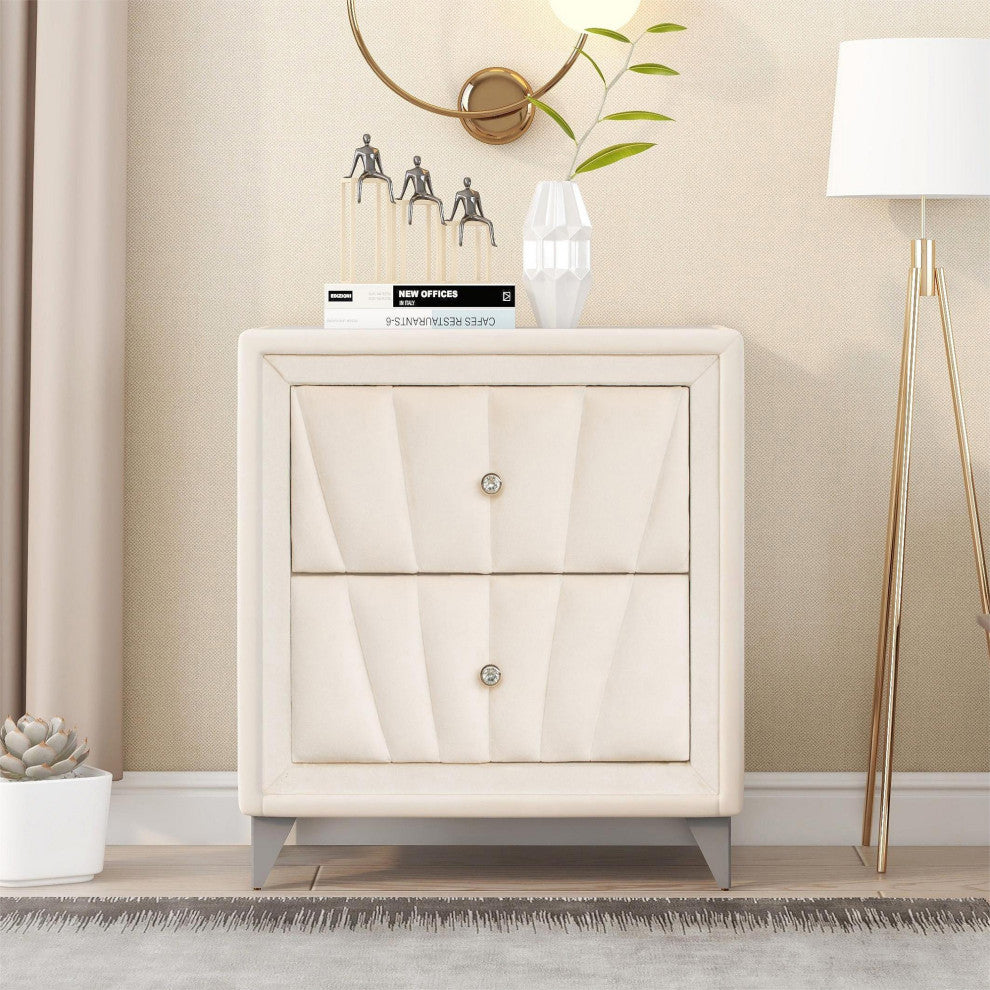 2-Drawer Wood Nightstand with Velvet Fabric and Glass Worktop, Beige