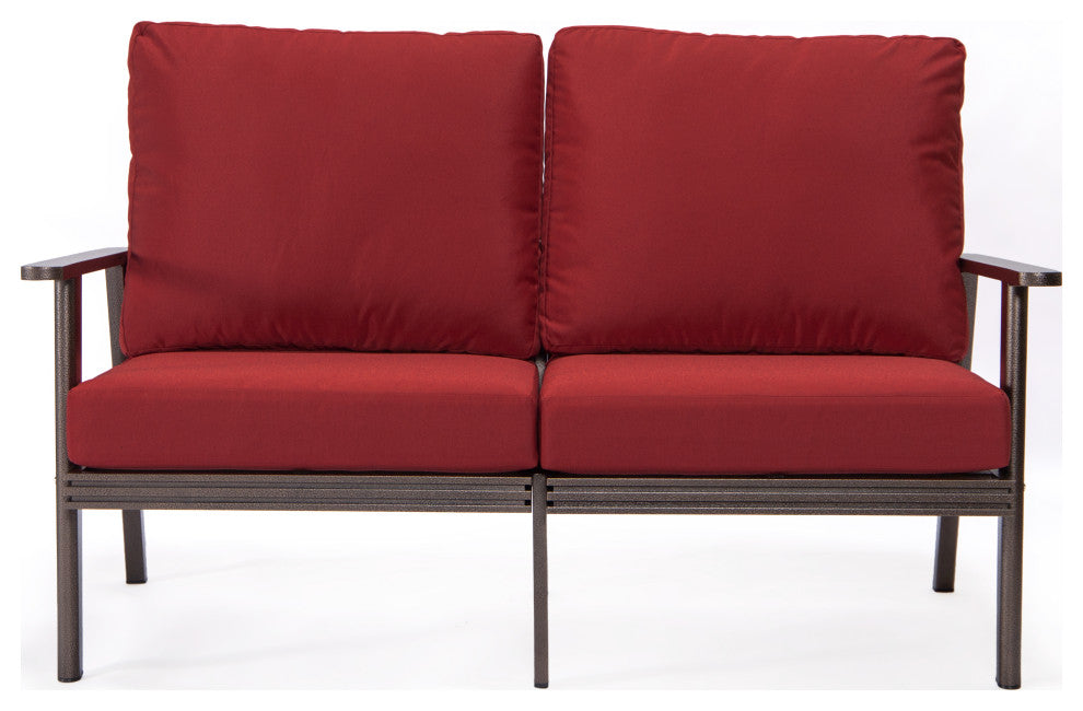 Leisuremod Walbrooke Patio Loveseat With Brown Aluminum Frame, Red