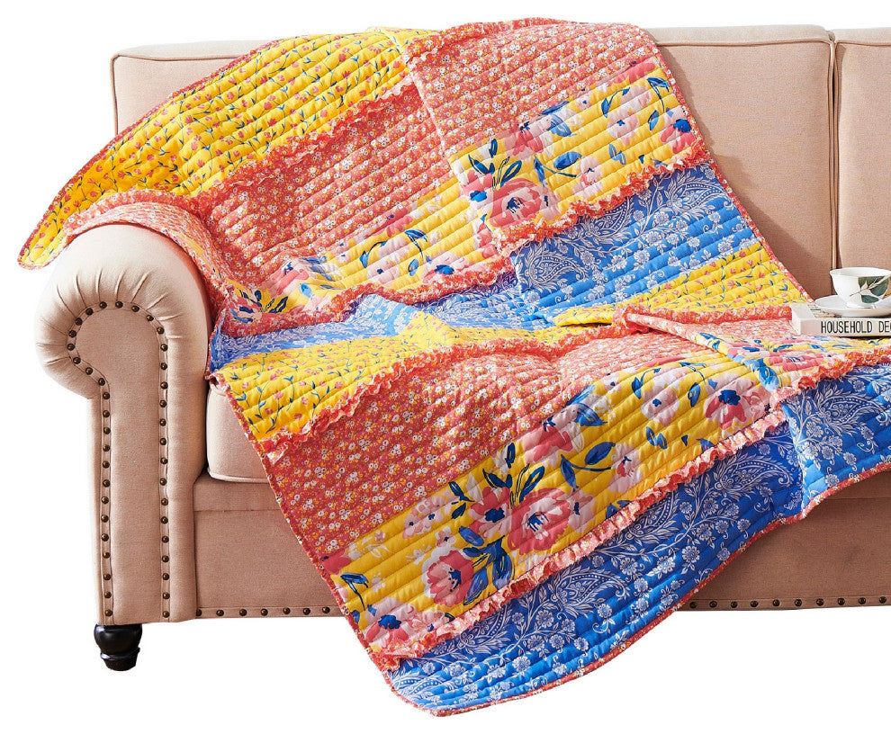 Benzara BM293444 Quilted Ruffled Throw Blanket, Polyester Fill, Multicolor