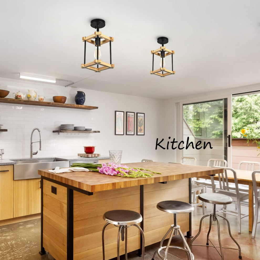 Semi Flush Mount Pendant Light Fixture, Wood