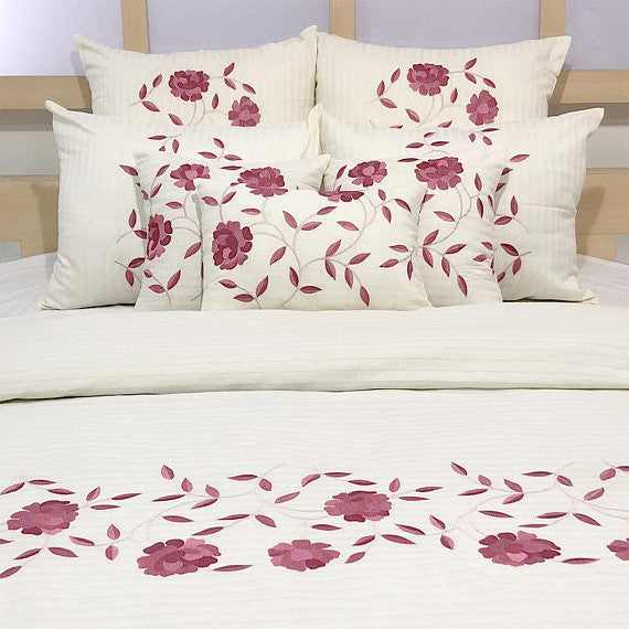 Queen Duvet Cover 8 Pc set in Ivory Self Stripe Cotton with Embroidery