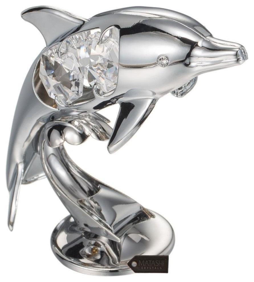 Chrome Plated Crystal Studded Silver Dolphin Riding Wave Figurine Ornament