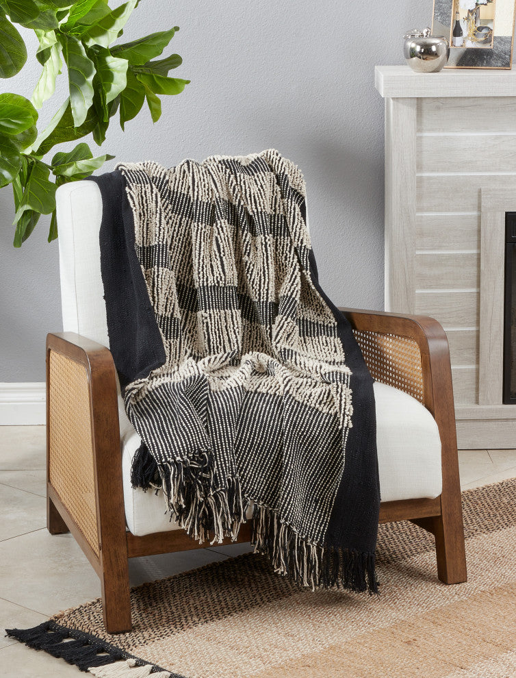 CottonThrow Blanket With Striped Design, Black/White, 50"x60"