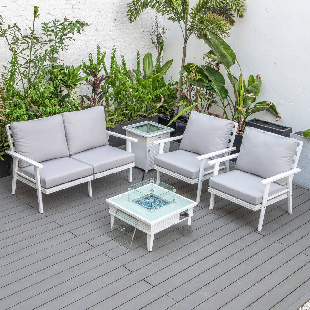 LeisureMod Walbrooke White Patio Conversation Set With Fire Pit, Light Gray