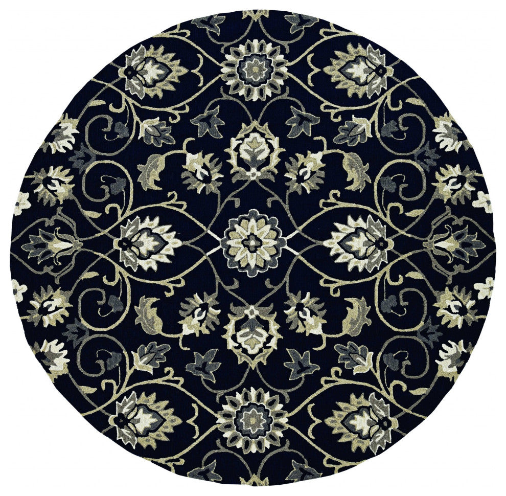 5' X 7' Navy Floral Vines Indoor Outdoor Area Rug