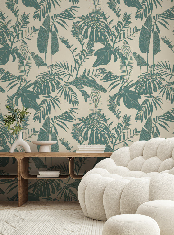 Hand Drawn Jungle Leaves Vinyl Peel and Stick Mural, Green, 24"x108", Single