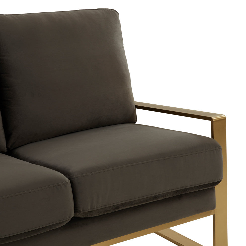 LeisureMod Jefferson Modern Design Velvet Sofa With Gold Frame, Dark Gray