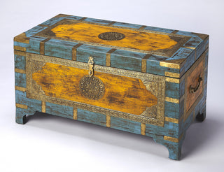 Nador Hand-Painted Brass Inlay Storage Trunk Coffee Table, Blue
