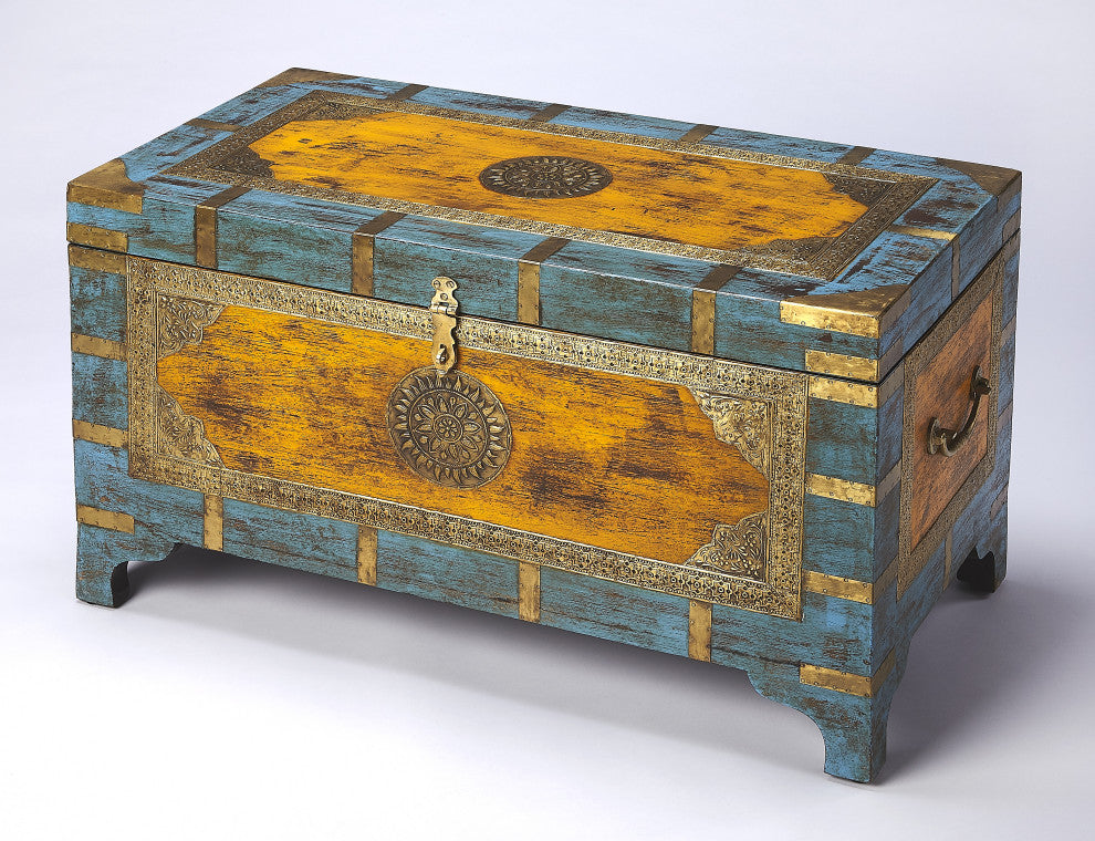 Nador Hand-Painted Brass Inlay Storage Trunk Coffee Table, Blue