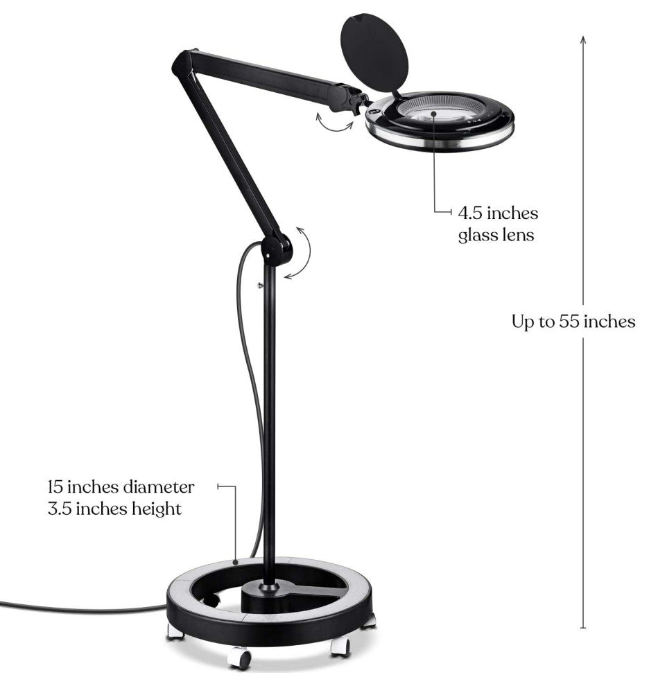 LightView Pro 6 Wheel Rolling Base Magnifying Floor Lamp, Magnifier, 5 Diopter