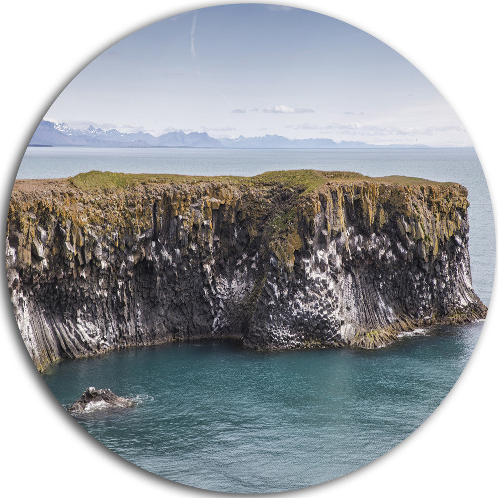 Huge Rock In Coastline Panorama, Seashore Disc Metal Wall Art, 23"