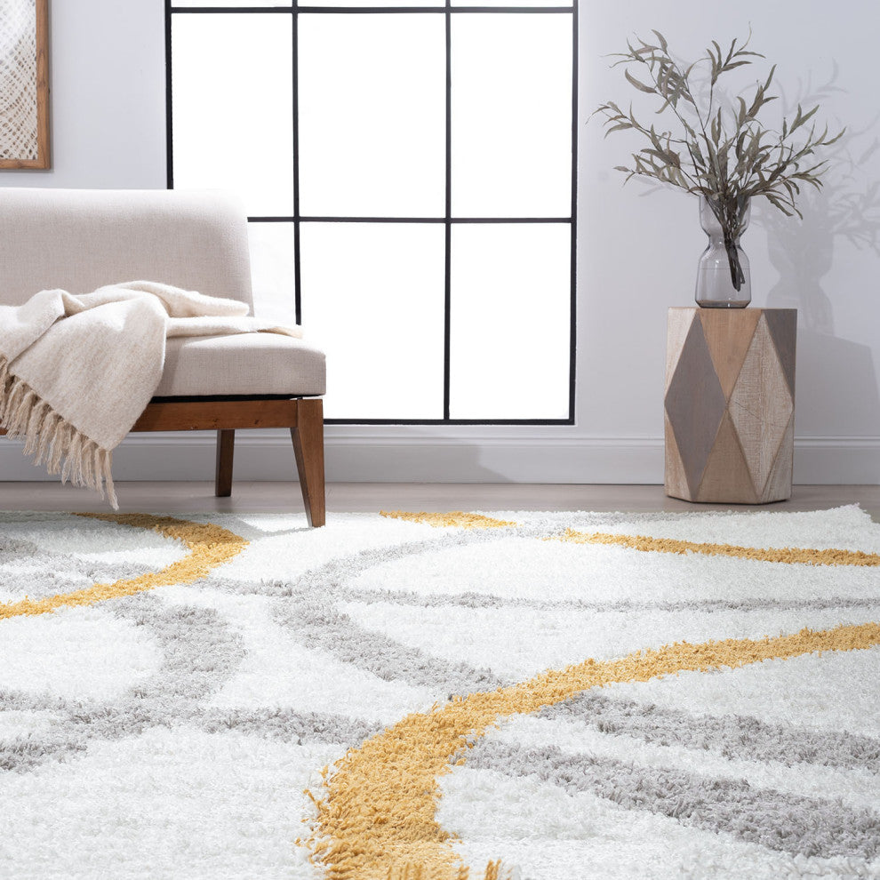 Sisto Contemporary Abstract White/Gold Indoor Rectangle Area Rug, 5''x7''