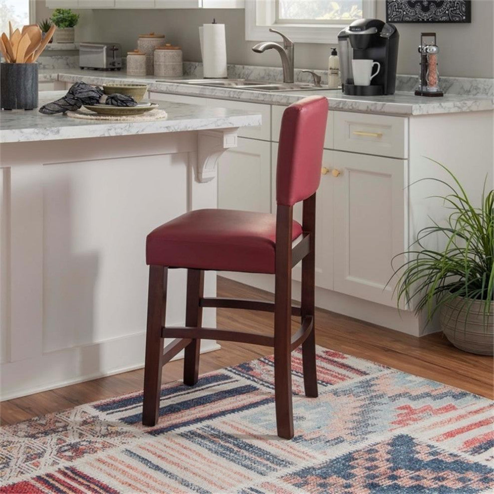 Pemberly Row 24" Faux Leather & Wood Counter Stool in Dark Red/Espresso