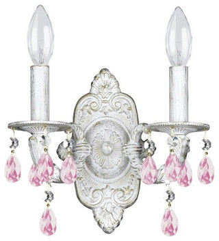 Paris Market 2 Light Sconce, Antique White With Rose Colored Hand Cut Crystal