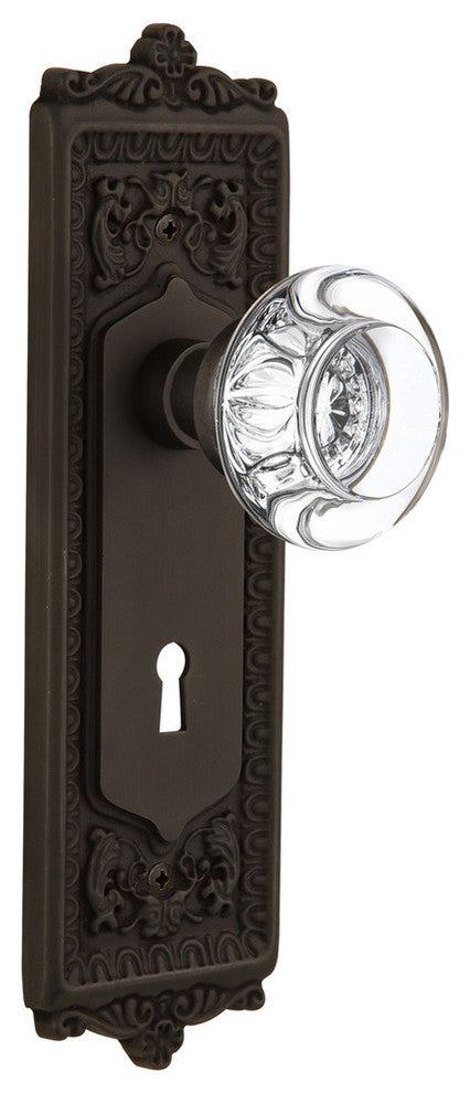 Egg and Dart Plate Passage Round Clear Crystal Glass Knob, Oil Rubbed Bronze