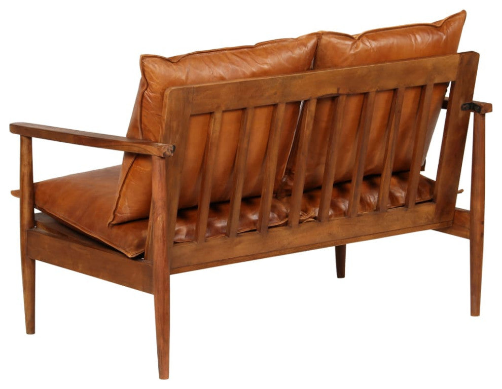 vidaXL 2-Seater Sofa Real Leather With Acacia Wood Brown