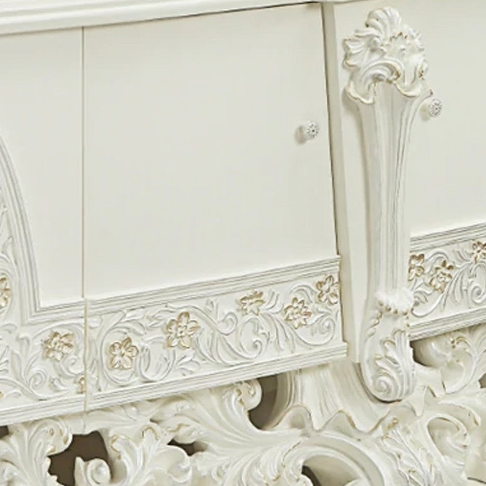 Benzara BM275670 Classic Ornate Carved Side Dresser With 2 Doors, Wood, White