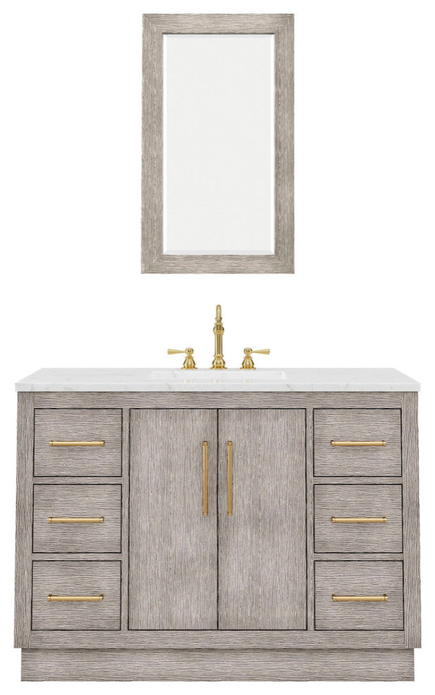 Hugo 48 Single Sink White Marble Countertop Vanity, Gray Oak With Mirror