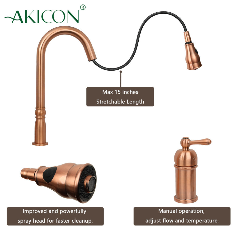 Copper Pull Down Kitchen Faucet With in-Deck Handle and Soap Dispenser