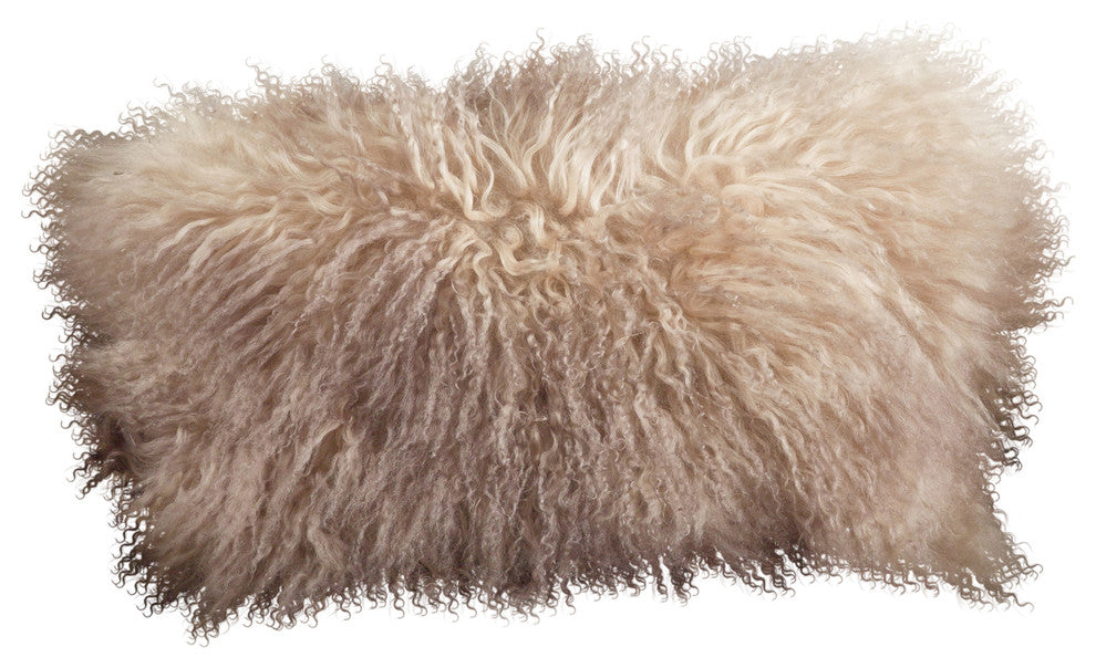 Mongolian Lamb Fur Poly Filled Throw Pillow, Oyster, 12"x20"