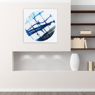 "Blue Stripes" Abstract Wall Art Frameless Free Floating Tempered Glass Panel