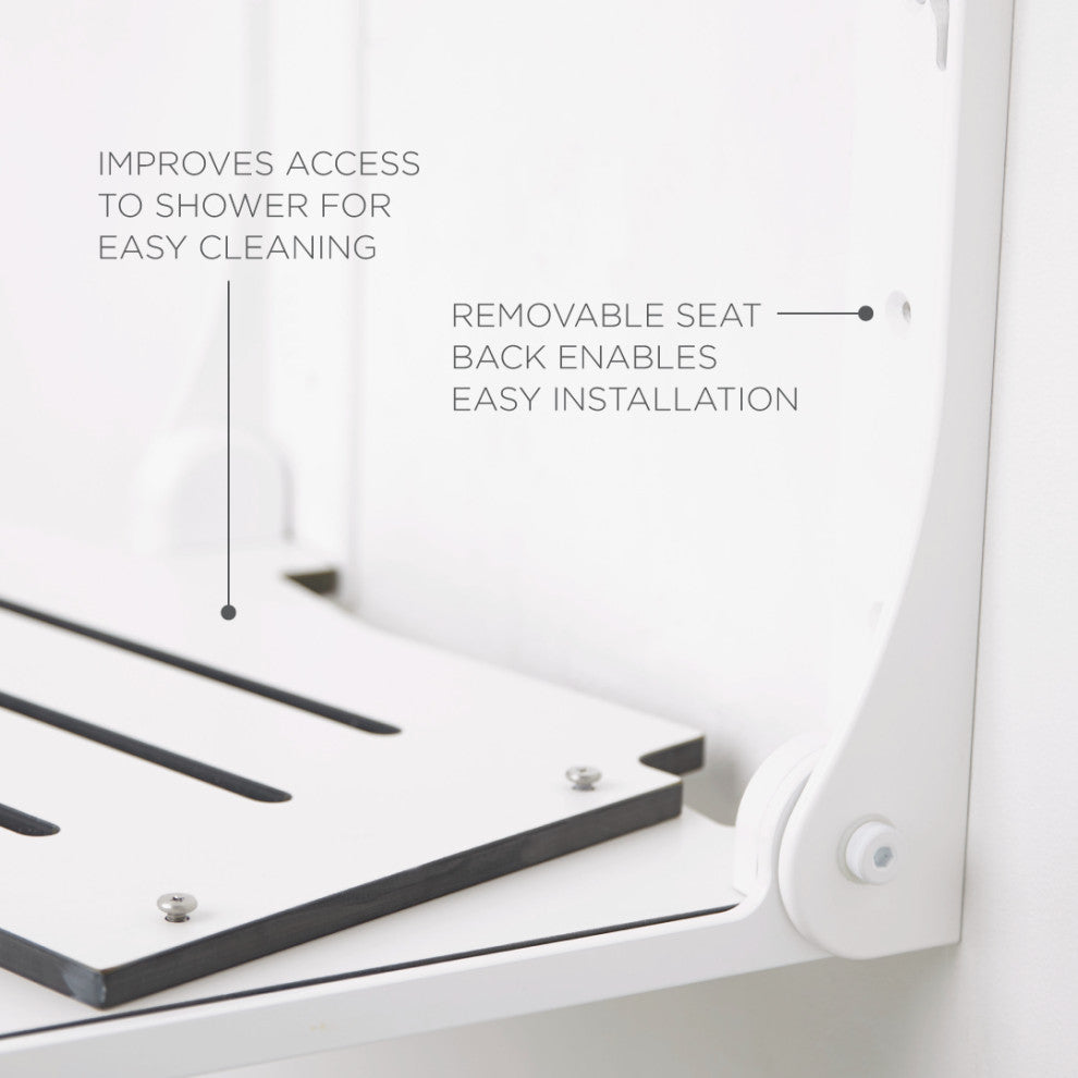 Silhouette Folding Wall Mount Shower Bench Seat, White Seat With White Frame