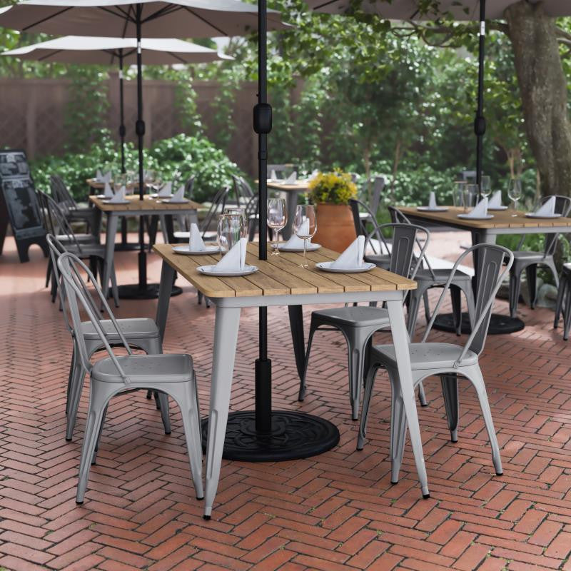 Declan Commercial Indoor/Outdoor Dining Table with Umbrella Hole, 30" x 60", Brown/Silver