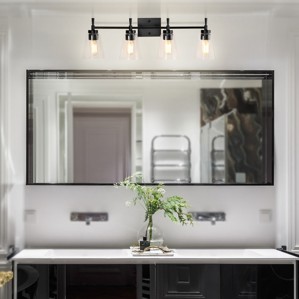 30 in. 4-Lights Matte Black Vanity Light With Clear Glass Cone Shades