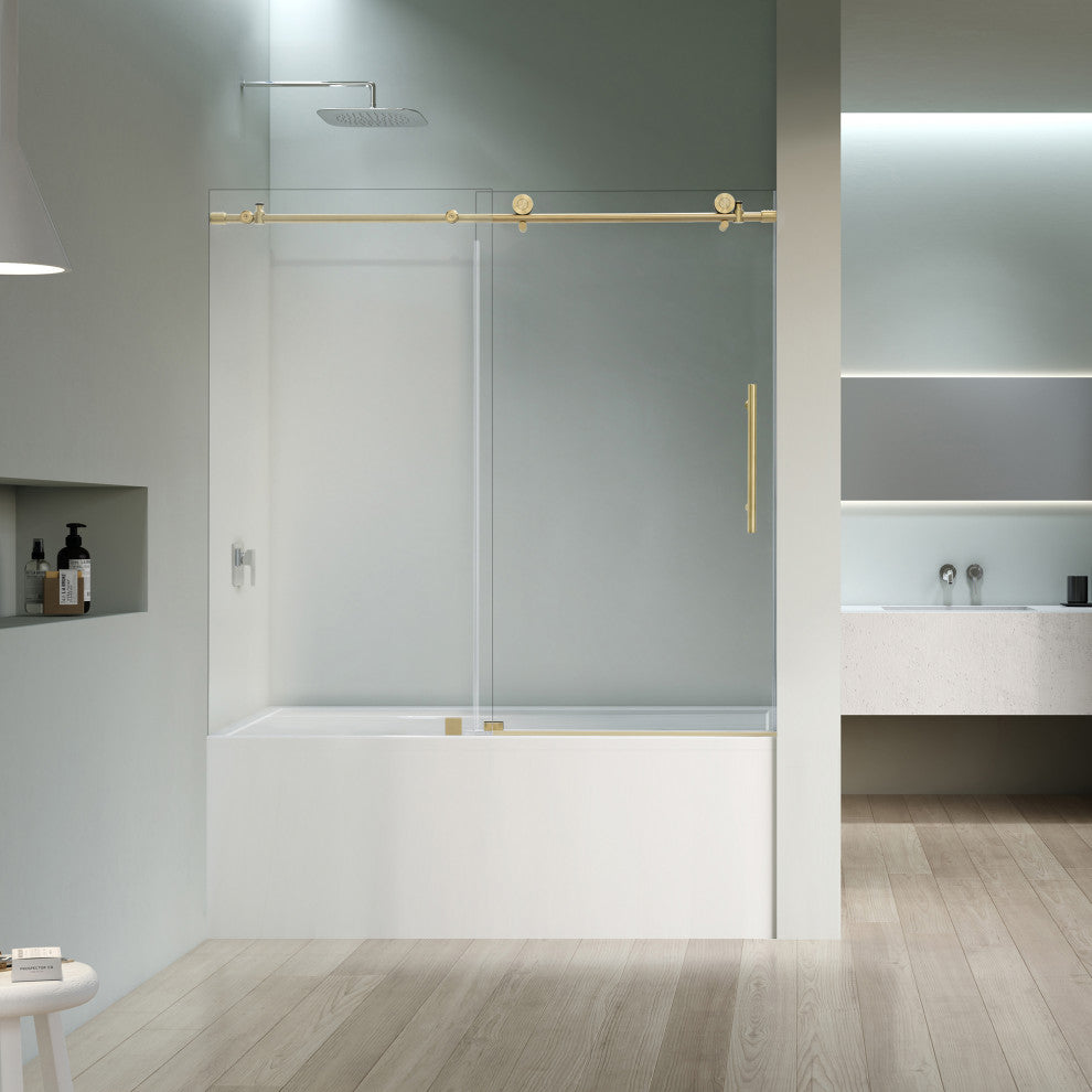 Lazaro Single Sliding Frameless Tub Door, Clear Glass, Brushed Gold, 60"wx58"h