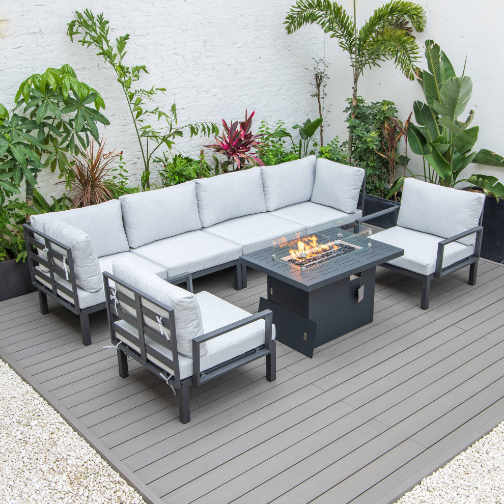 LeisureMod HSFBL-7LGR Hamilton 7-Pcs Conversation Set Fire Pit Table&Cushions