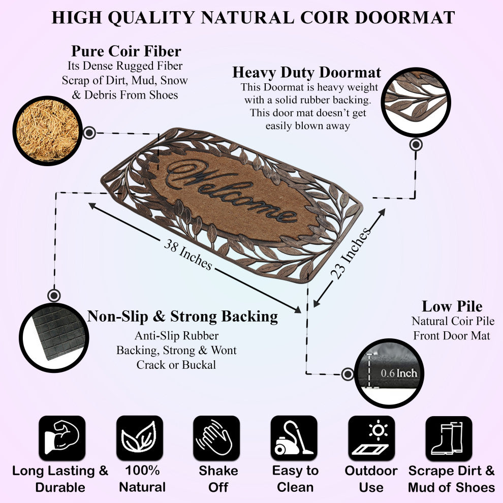 Natural Coir & Rubber 38x23, Thick Durable Doormats, Leaf Border Welcome Bronze
