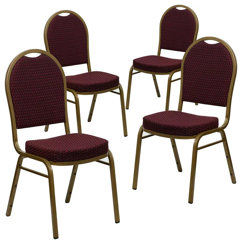 Set of 4 Dining Chair, Patterned Fabric Upholstery & Dome Back, Burgundy/Gold