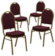 Set of 4 Dining Chair, Patterned Fabric Upholstery & Dome Back, Burgundy/Gold