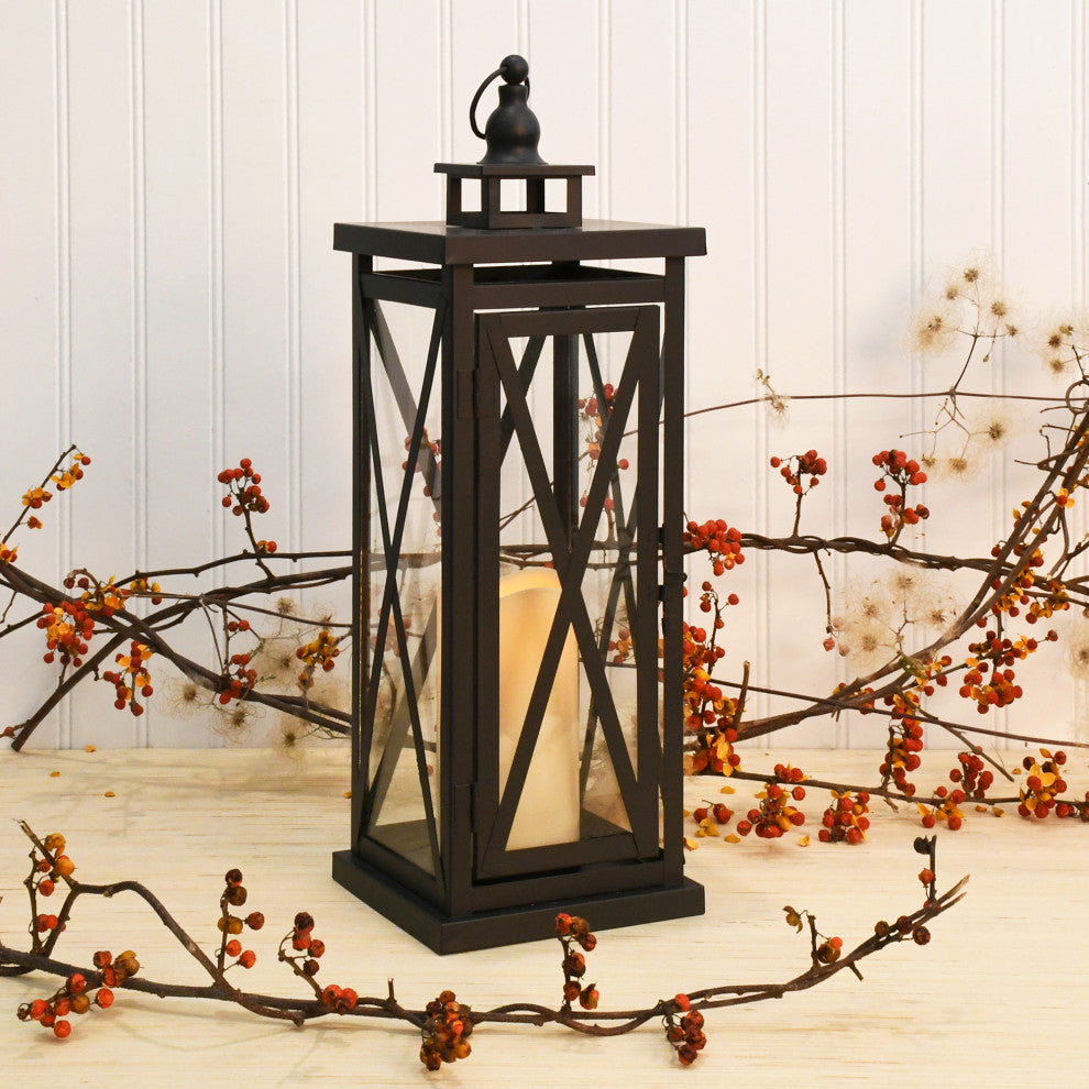 Metal Lantern, Black Criscross with Battery Operated LED Candle