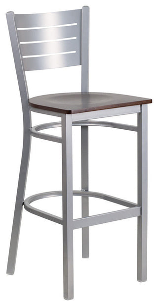 Silver Slat Back Metal Barstool, Walnut Wood Seat