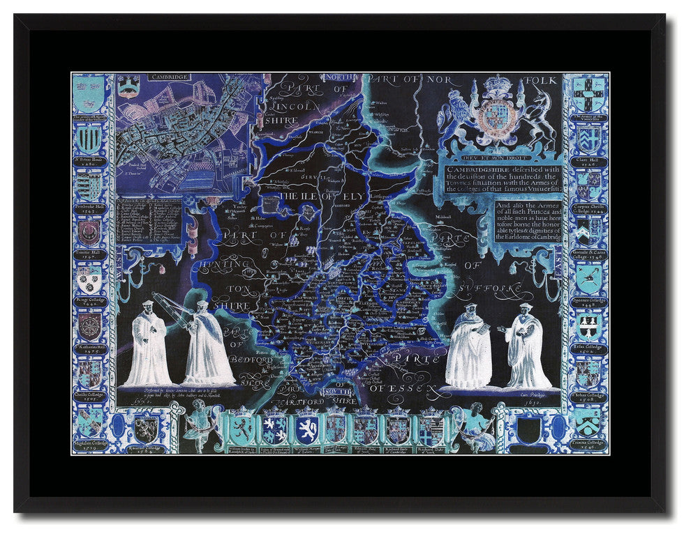 Cambridgeshire Vintage Vivid Color Map Canvas, 28"x37"