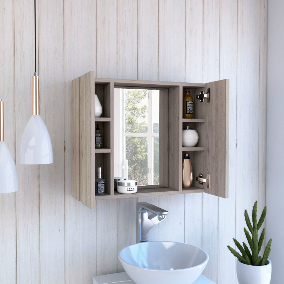 DEPOT E-SHOP Garnet Med. Cabinet, Mirror, 6 Shelves, Ext. Shelf, Light Gray