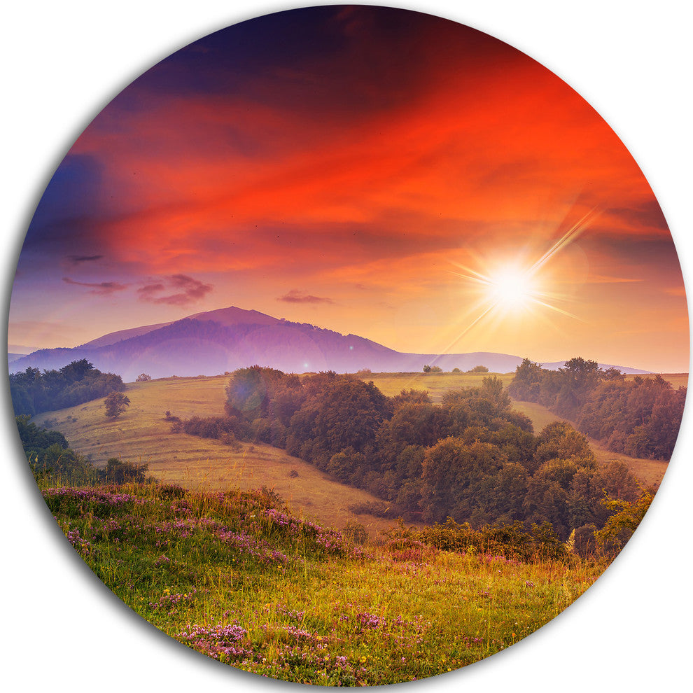 Cold Morning Fog With Red Hot Sun, Landscape Photo Round Wall Art, 38"