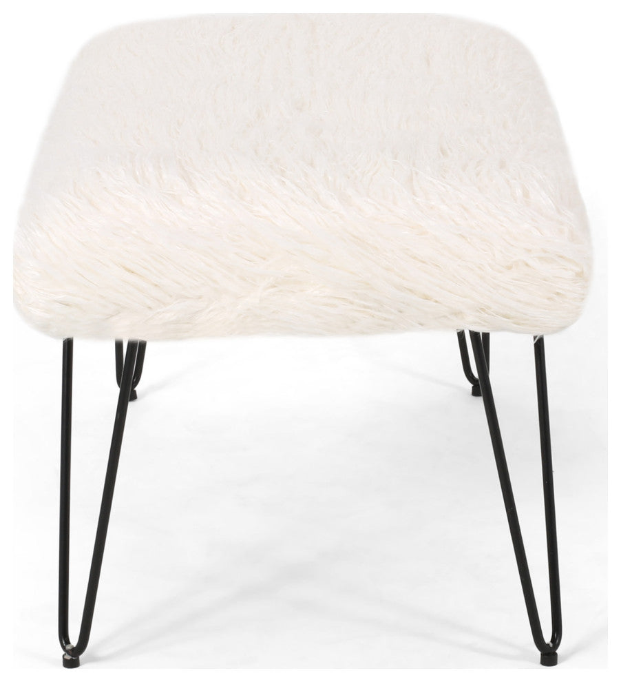 Louise Faux Fur Bench With Hairpin Legs, White, Black Finish