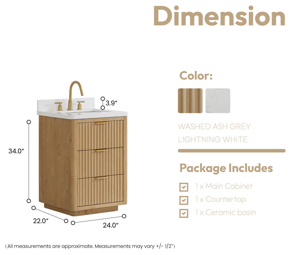 Vinnova Cadiz Bath Vanity, Composite Stone Top, Washed Ash Grey, 24", No Mirror