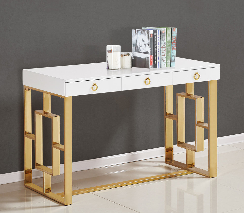 Brooks Contemporary 3-Drawer Writing Desk, White/Gold