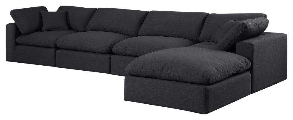 Comfy Upholstered L-Shaped Modular Sectional, Black, 5-Piece: 2 Armless Chair, 2 Corner Chair, 1 Ottoman, Linen Textured Fabric