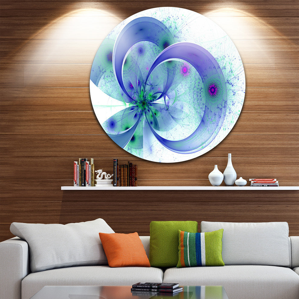 Blue Fractal Flower With Curved Petals, Floral Round Wall Art, 36"